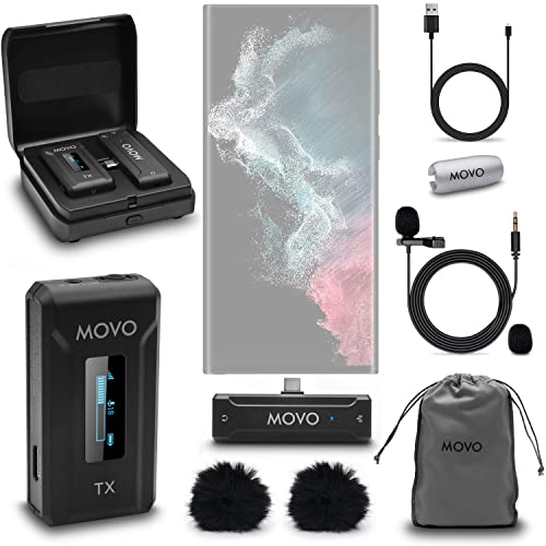 Movo WMX-2-C Wireless Lavalier-Mikrofon für Android mit Ladehülle, Onboard-Mikrofon, Clip-on Lapel Mic, 7HR Akku, 100m Reichweite, einstellbare Verstärkung, USB-C Mikrofon für Videoaufnahmen