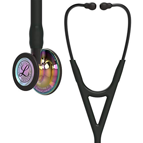 3M Littmann Cardiology IV Stethoskop für die Diagnose, hochglänzendes, regenbogenfarbenes Bruststück, schwarzer Schlauch, Schlauchanschluss und Ohrbügel in Rauchfarben, 69 cm, 6240