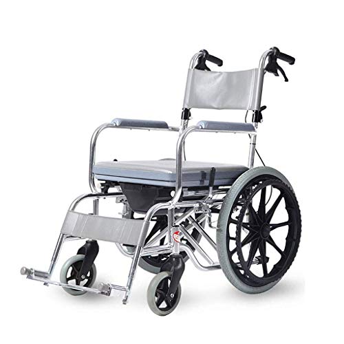 AOLI Rollstuhl mit WC-Sitz - Foldingcommode Stuhl - Medical Nursing Trolley - wasserdicht Duschstuhl Vollreifen Max Belastbarkeit 220lbs leicht zu bedienen,Grau weiß,Großes Rad