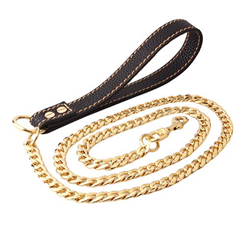 POPETPOP Hundeleine Golden Metal Long Gold Edelstahl Chew Proof Unzerstörbar Cool Leine Chain Link für Pet Durable mit Ledergriff