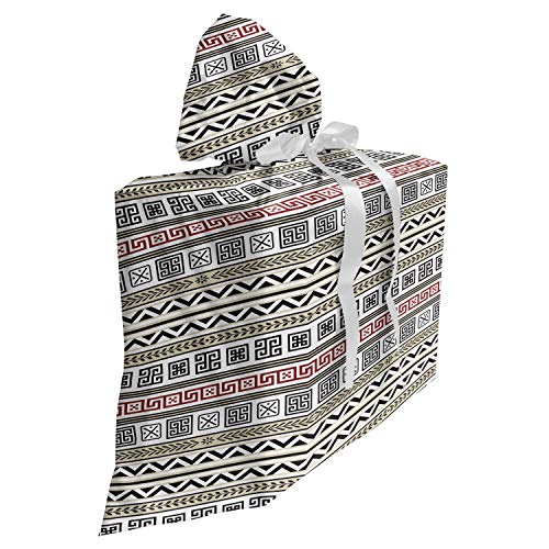 ABAKUHAUS Ethnisch Baby Shower Geschänksverpackung aus Stoff, Geometrisches Muster, 3x Bändern Wiederbenutzbar, 70 x 80 cm, Creme Black Ruby