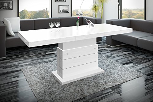 HU Design Couchtisch Tisch Matera Lux H-333 Hochglanz höhenverstellbar ausziehbar Wohnzimmertisch Esstisch (Weiß Matt/Weiß Hochglanz)