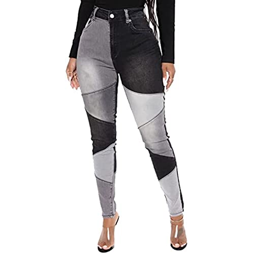 Yokbeer Dehnbare Patchwork-Jeans für Damen, Trendige, Elastische Taille, Zweifarbige Jeans, 90er-Jahre-Streetwear-Denim-Hose (Color : Black, Size : S)