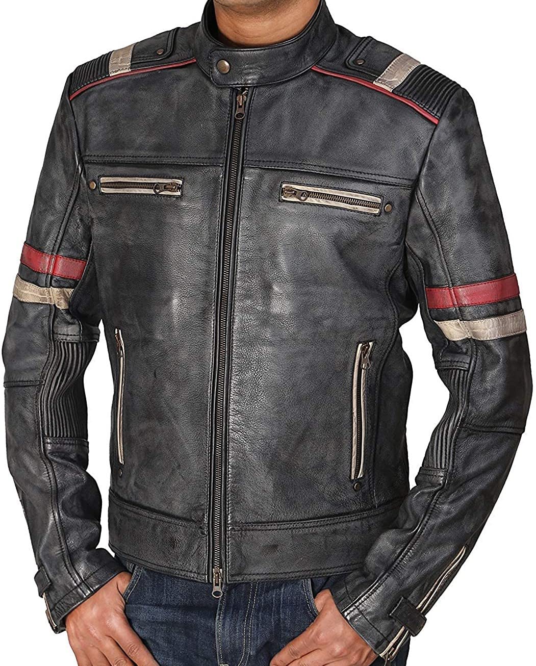 Hafsah Herren Vintage Retro Biker Motorrad Stilvolle Echtleder Jacke | Motorrad Distressed Cafe Racer Lederjacke, Retro-2, XXXL