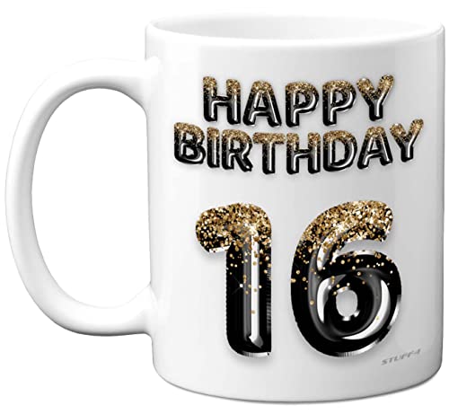 Geschenk zum 16. Geburtstag für Jungen – schwarz-goldene Glitzer-Luftballons – Happy Birthday Tasse Geschenk für 16 Jahre alten Sohn, Bruder, Enkel, Cousin Freund, spülmaschinenfest, Kaffeetassen