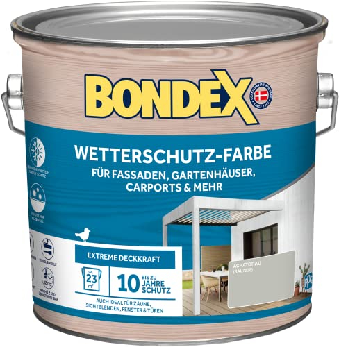 Bondex Wetterschutz Farbe Achatgrau (RAL7038) 2,5 L für 23 m² | Extreme Deckkraft | Hervorragende Witterungsbeständigkeit | seidenglänzend | Wetterschutzfarbe | Holzfarbe