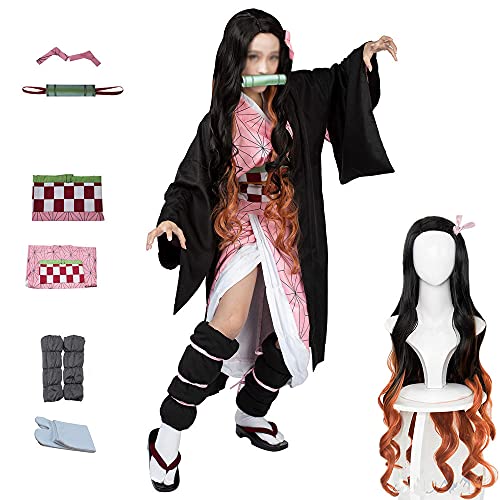 kelihood Japanische Anime Demon Slayer Cosplay:Kimetsu no Yaiba Kamado Nezuko Costume with Bamboo Props for Adult Children Outfit Halloween Costume-Kinder_XXL