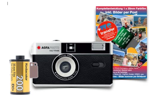 AgfaPhoto analoge 35mm 1/2 Format Foto Kamera Black im Set mit Schwarz/weiß Negativ Film + Batterie + Negativ + Bildentwicklung per Post