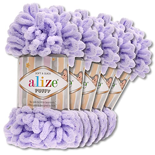 Alize 5 x 100 g Puffy Wolle Chenille Schlaufenwolle Häkeln und Stricken ohne Hilfsmittel Kleidung Accesoire Decken Teppiche (146 | Flieder)