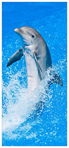 Wallario Selbstklebende Türtapete Fröhlicher Delfin im blauen Wasser - Türposter 93 x 205 cm Abwischbar, rückstandsfrei zu entfernen