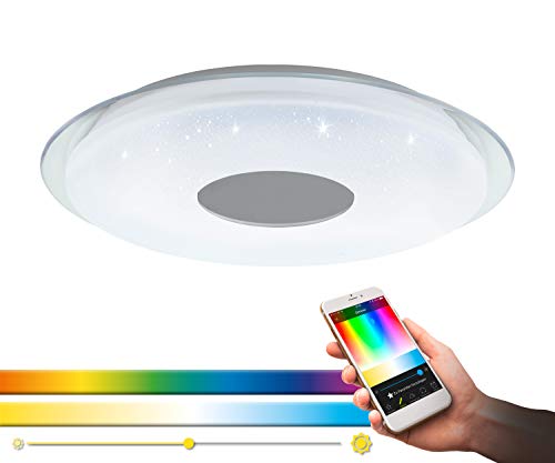 EGLO connect LED Deckenleuchte Lanciano-C, 1 flammige Wandlampe mit Kristall-Effekt, Stahl, Kunststoff, Weiß, Tansparent, Chrom, Fernbedienung, Farbtemperaturwechsel (warm–kalt), RGB, dimmbar, Ø 56 cm