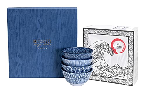 TOKYO design studio Nippon Blue 4-er Schalen-Set blau-weiß, Ø 12 cm, ca. 300 ml, asiatisches Porzellan, Japanisches Design mit geometrischen Mustern, inkl. Geschenk-Verpackung