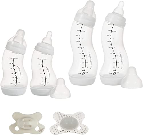 Difrax Neugeborenen set - 2x S-Babyflasche 170 ml - 2x S-Babyflasche 250 ml - 1x Schnuller Natural Kirschform 0-6 Monate - 1x Schnuller Dental 0-6 Monate