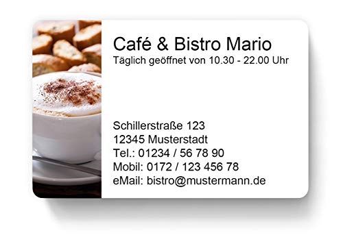 100 Visitenkarten, laminiert, 85 x 55 mm, inkl. Kartenspender - Kaffee Café Bistro