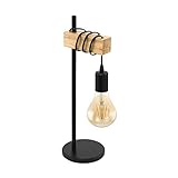 EGLO Tischlampe Townshend, 1 flammige Vintage Tischleuchte im Industrial Design, Retro Lampe, Nachttischlampe aus Stahl und Holz, Farbe: Schwarz, braun, Fassung: E27, inkl. Schalter