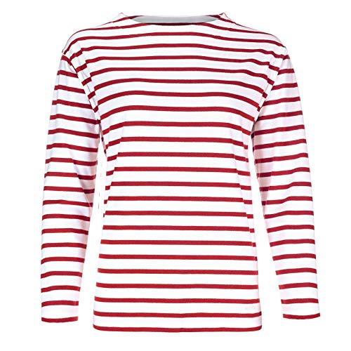 modAS Damen Shirt Bretonisches Damenshirt mit U-Boot Ausschnitt - Ringelshirt Streifenshirt Langarmshirt mit Streifen aus Baumwolle in Weiß/Rot in Größe 40
