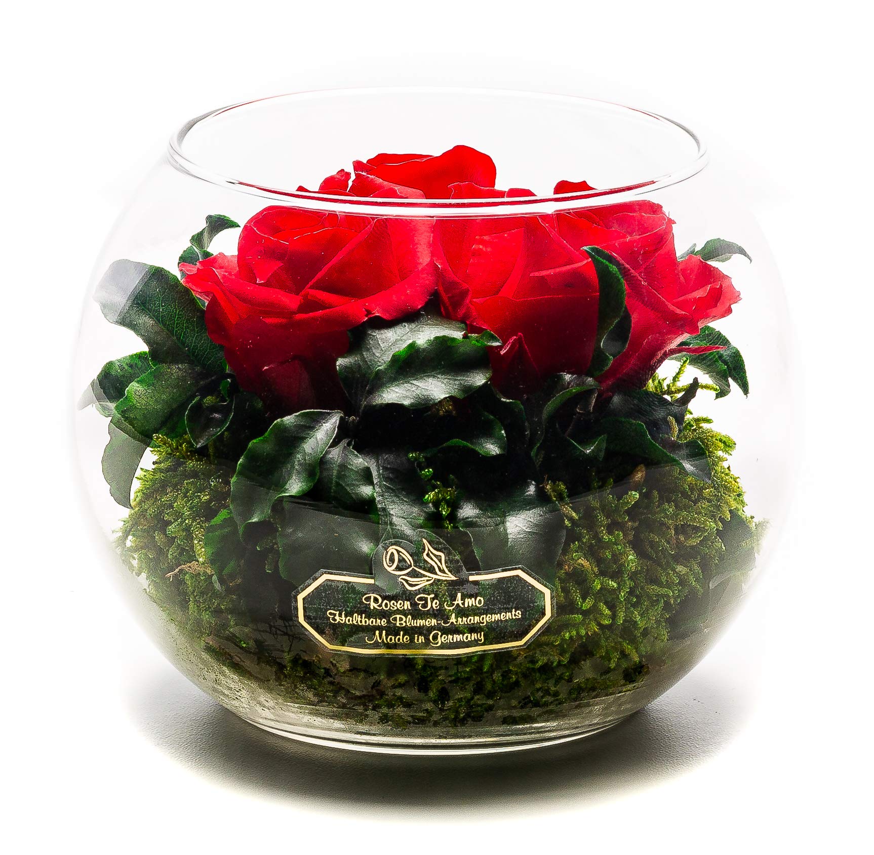 Rosen-Te-Amo | Muttertag Infinity Rosen | konservierte ewige Rosen Glas-Vase| duftend | handgefertigt mit echten Deko-Foliage | Blumenstrauß stylisches Design | Geschenk für Frauen Mama Freundin Oma