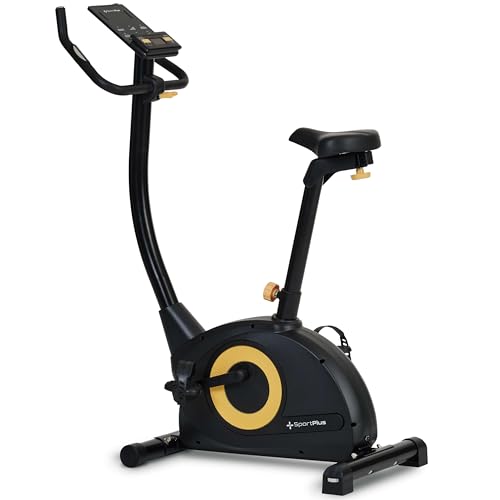 SportPlus COMPACT Heimtrainer Fahrrad, 24 Widerstandsstufen, integrierte Herzfrequenz-Messer & App kompatibel, Hometrainer, schwarz-gelb