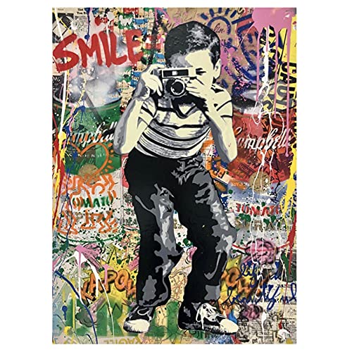 Poster Bilder Bunte Banksy Art Graffiti Fotografieren Junge Leinwand Malerei Wandkunst Poster Drucke Wandbilder Wohnzimmer Wandbild 70x100cm/27,6"x39.4" Rahmenlos