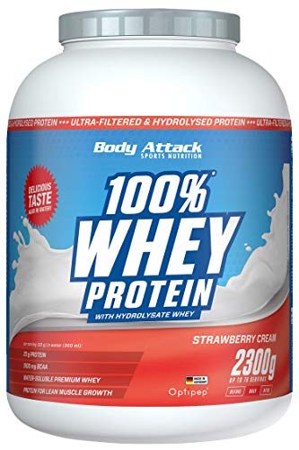 Body Attack 100% Whey Protein - Strawberry, 2,3 kg - Made in Germany - extra cremiges Eiweißpulver mit Hydrolysat und BCAA´s, unterstützt Muskelaufbau und Diäten, für alle Sportler & Athleten