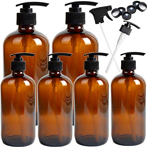Youngever 6er Set Leere Pumpflaschen aus Glas, 2er Set 500ML und 4er Set 250ML Pumpflaschen, Seifenspender, Nachfüllbare Behälter (Amber)