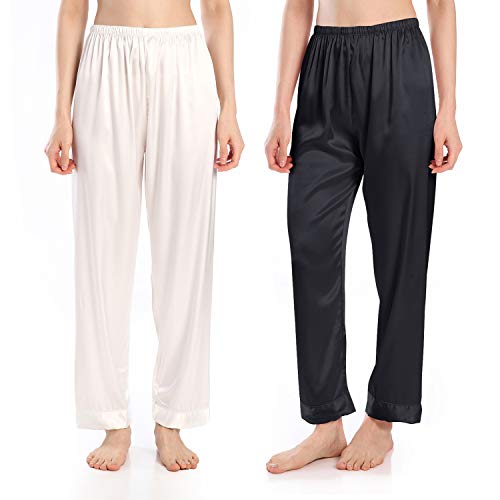 Wantschun Damen Satin Silk Schlafanzughose Nachtwäsche Hose Pyjama Bottom, Packung mit 2: Schwarz + Weiß, M