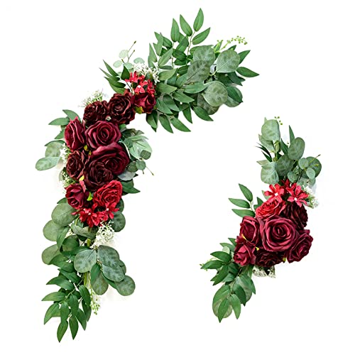 HLTER Hochzeits-Bogen-Blumen-Set, 2 Stück, künstliche weinrote Rosen mit grünen Blättern, große Kunstseide, Blumengirlande, Blumenarrangement, Swag Decor