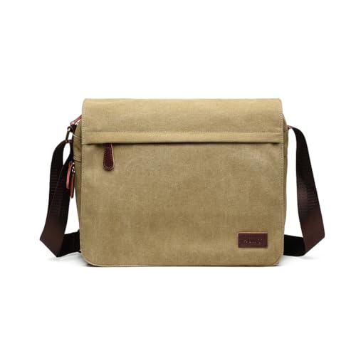 KONO Messenger Bag Canvas Laptop Umhängetasche für 13 Zoll Wasserdichte Schultasche, Geschenke für Männer Frauen(Khaki)