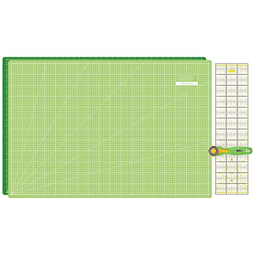 SEMPLIX Schneidematten Set - Schneideunterlage 90 x 60 cm (A1), Rollschneider Maxi 45 mm, Patchwork Lineal 60x15 cm (hellgrün/grün)