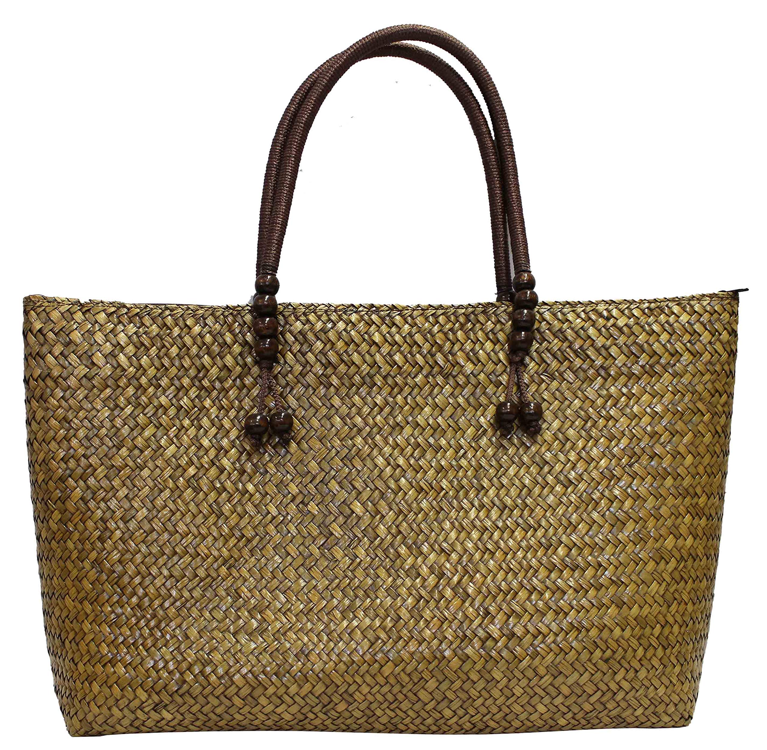 Damentasche Handtasche Strohtasche Einkaufstasche Strandtasche Handgefertigt aus Schilf (beige-06-4)