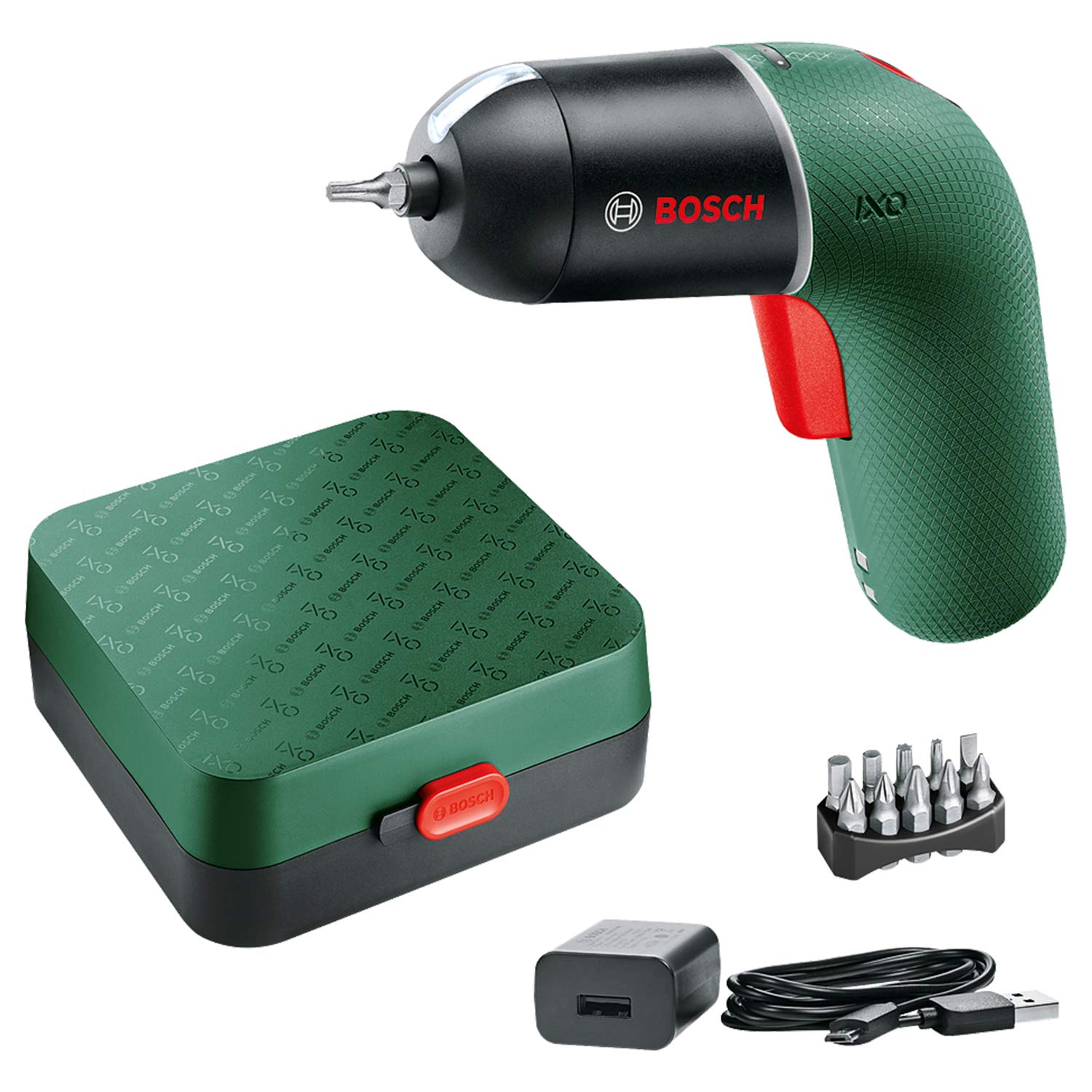 Bosch Home and Garden Bosch Akkuschrauber IXO (6. Generation, grün, variable Drehzahlsteuerung, über Micro-USB-Kabel aufladbar, in Aufbewahrungskasten)