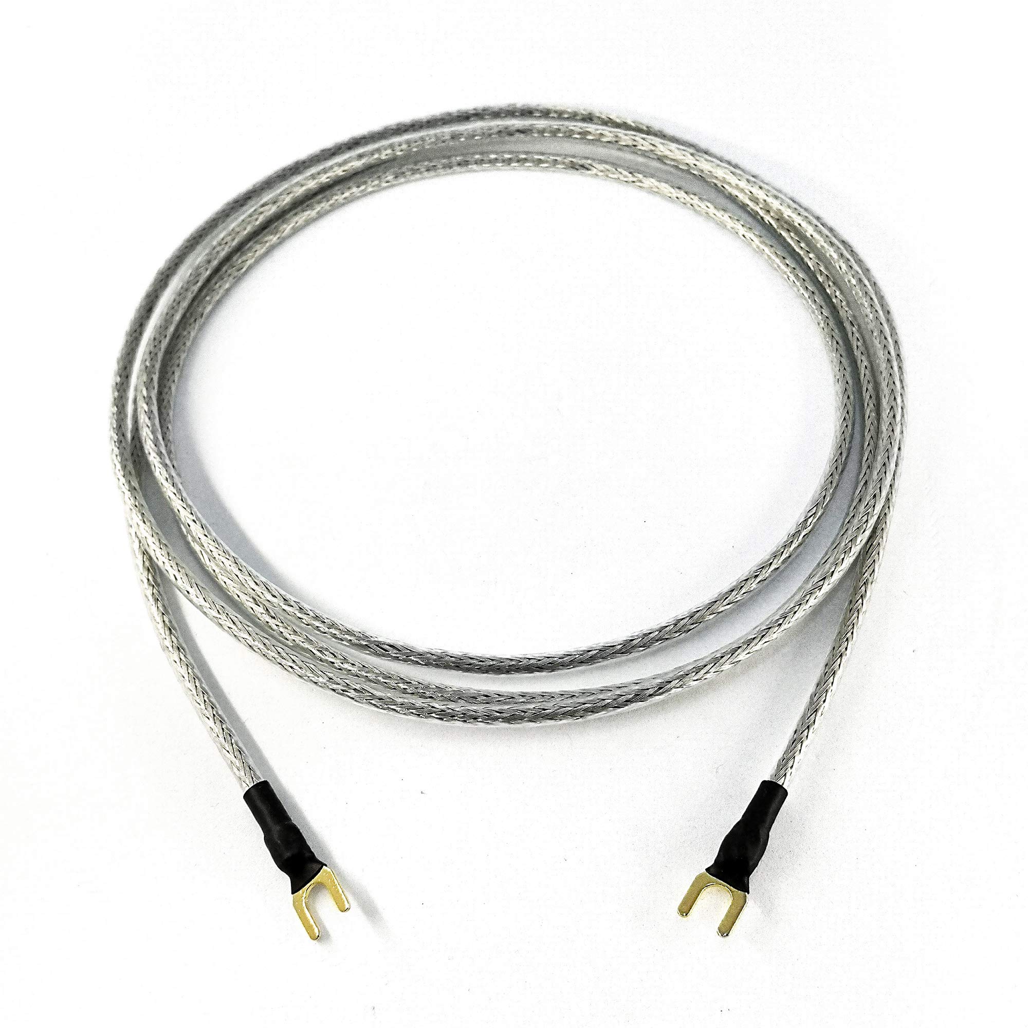 Selected Cable 75cm Erdungsleitung 1 x 0,50mm² für Plattenspieler Phonogeräte mit Masseanschluß inkl. vergoldeter Gabelschuh Masseleitung transparent Silber Geflechtschirm (0,75m)