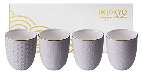 TOKYO design studio Nippon White 4-er Tassen-Set weiß, mit Gold-Rand, ohne Henkel (Becher), Ø 7 cm, 7 cm hoch, 160 ml, asiatisches Porzellan, Japanisches Design, inkl. Geschenk-Verpackung