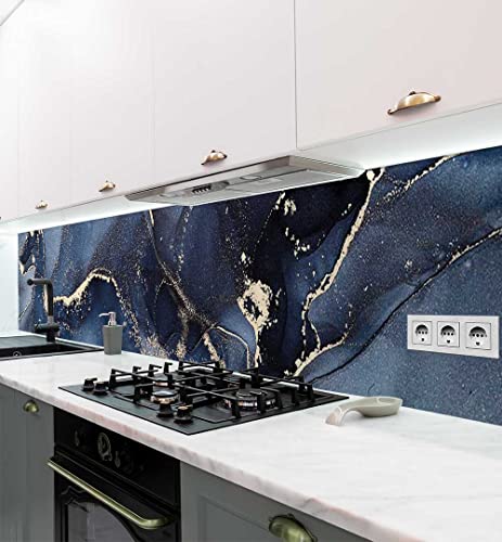 MyMaxxi - Selbstklebende Küchenrückwand Folie ohne Bohren - Motiv Marmor dunkelblau Gold Mehrfarbig 60cm hoch - Klebefolie Wandbild Küche - Wand-Deko - Steine Mauer Farbverlauf 180 x 60cm