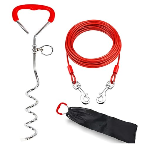 GKKICO Hundebindeseil und Ankerschraube Rot 16ft Außen-Hundeleine-Kabelkette 16 Stark Reflektierende Spirale für Hunde Bis zu 125 Pfund