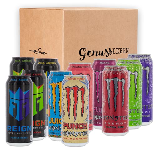 Genussleben Box mit 12 Energy Drinks, zufälliger Mix aus Monster Energy und Reign Energy in Geschenkbox inkl. 12x0,25 Pfand