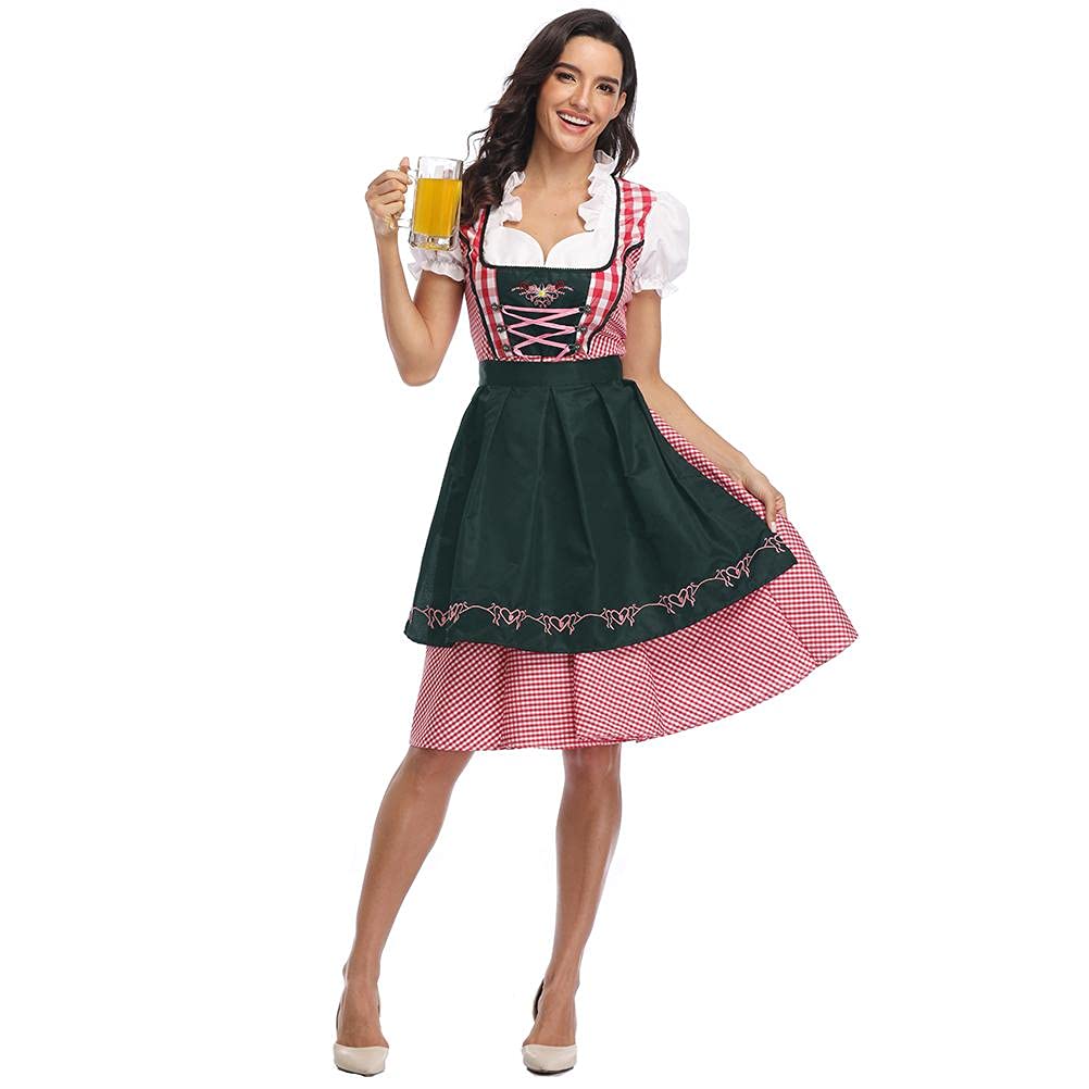 Lipeed Dirndl Damen Midi Oktoberfest Trachtenkleid, Oktoberfest Damen Outfit, Dirndl Kleid mit Schürze Maid Uniform Anzug, Kostüm-Set perfekt Fasching Karneval Oktoberfest