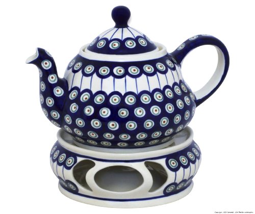 Bunzlauer Keramik Original Teekanne 2,0 Liter mit integriertem Sieb und Stövchen im Dekor 8