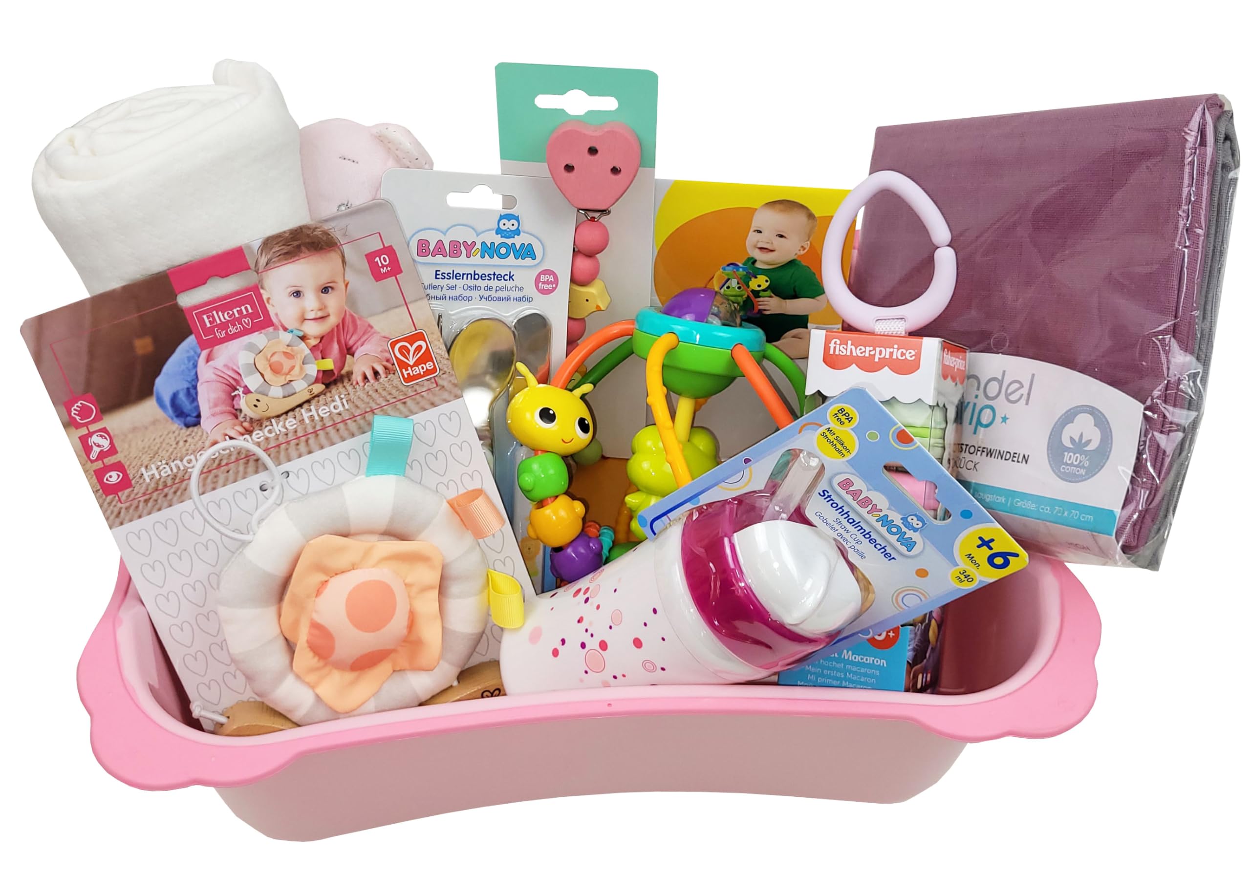 hLine VIP Geschenk zur Geburt Geschenkkorb Taufgeschenk im Trittschemel (Rosa - Mädchen)