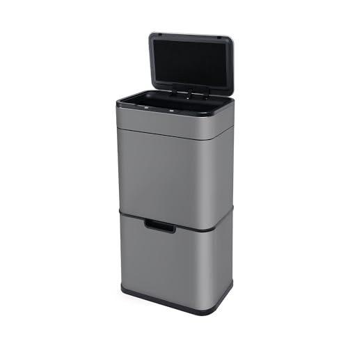 FLINQ Mülleimer Sensor - 3 Fächer Mülltrennsysteme - Abfalleimer mit Deckel mit UV-Lampe - Mülleimer automatisch 60L- Anthrazit