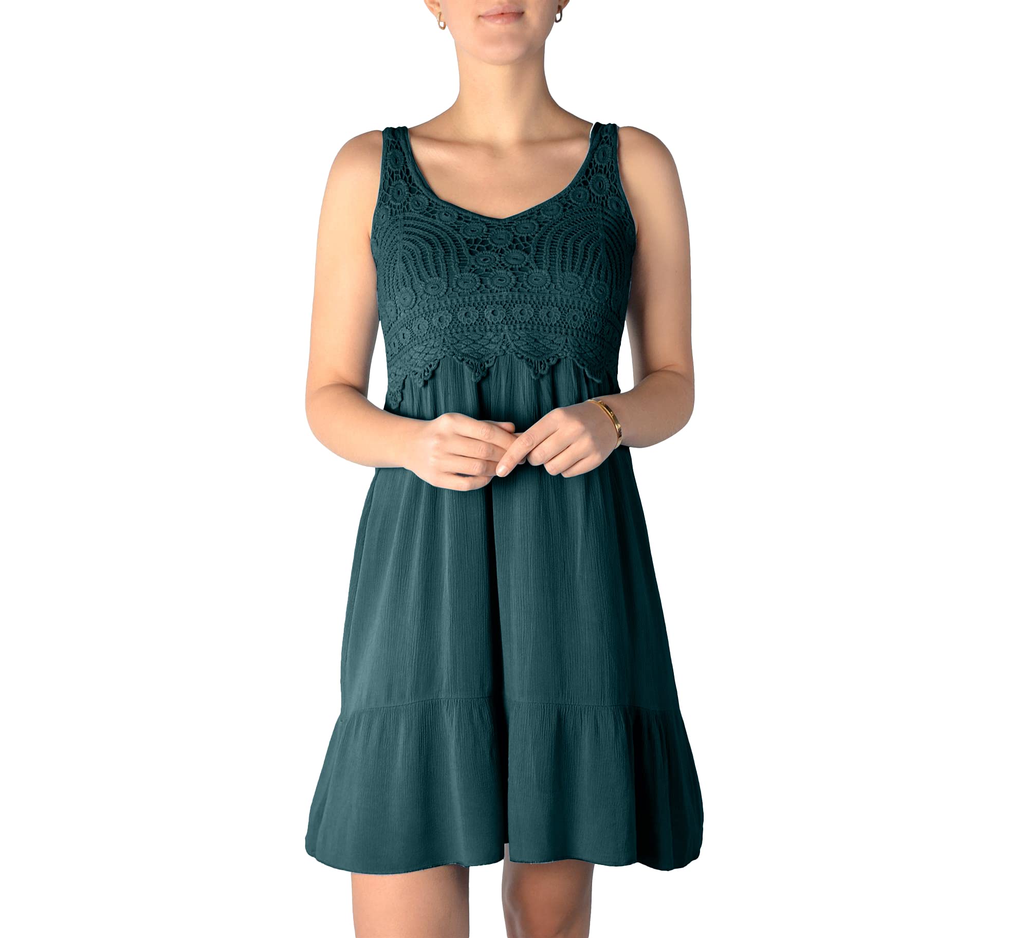 WOMEN'S WEAR U&F FASHIONSTORE U&F Damen-Kleid mit Spitze I knielanges Kleid für Frühling, Sommer & Herbst I kurzes Freizeit-Kleid I fließender, luftiger Stoff I verspielte Häkelspitze I dunkelgrün L