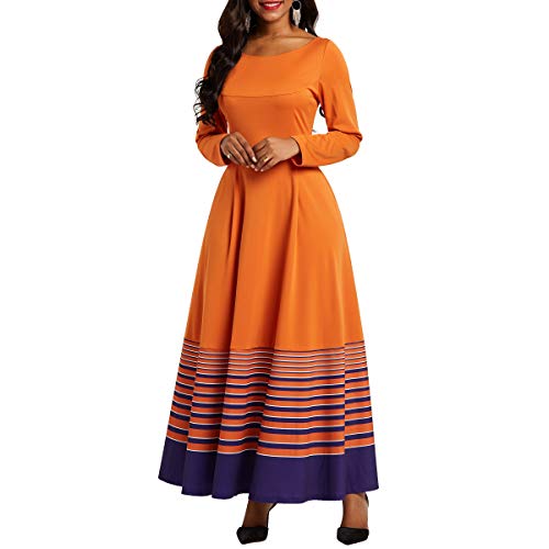 VERWIN Mid-Calf Langarm Pocket Stripe Damen Kleider A-Linie Pullover Partykleid, Orange, XXL