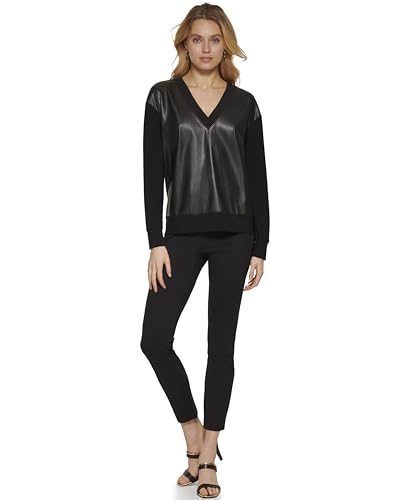 DKNY Women's V-Neck Faux Leather Front Knit Top Sweatshirt, Black, M