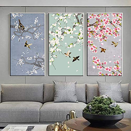 Chinesische Art Vogel Pfirsichblüte Plakate und Drucke Frühling Leinwand Gemälde Wohnzimmer Kunst Wandbilder Wohnkultur 20x40cmx3 Rahmenlos