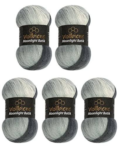 Wollbiene Moonlight Batik 5 x 100g Strickwolle 500 Gramm Wolle zum Stricken und Häkeln 20% Wolle türkische Wolle Farbverlaufswolle Strickwolle (5000 schwarz grau weiß)