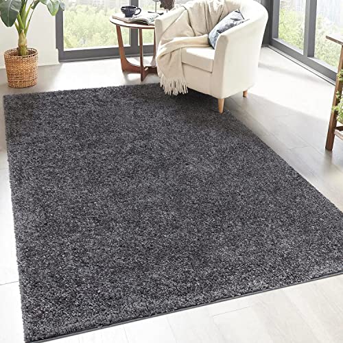 carpet city Hochflor Teppich Wohnzimmer Einfarbig - Anthrazit - 120x170 cm - Shaggy Langflor Uni Schlafzimmer - Weich&Flauschig - Modern