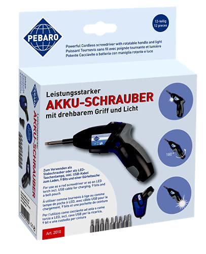 Pebaro 2010 Leistungsstarker Akkuschrauber mit drehbarem Griff und 9 Einsätzen, USB-Kabel und Gürteltasche, für Kinder geeignet