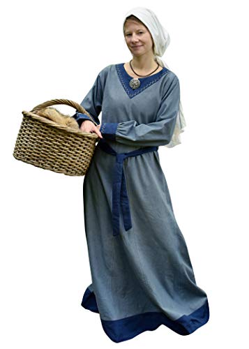 Battle-Merchant Langarm Mittelalter Kleid Jona mit Gürtel für Damen aus Baumwolle | LARP Wikingerkleid als Verkleidung und Kostüm (Blaugrau/Blau, L)