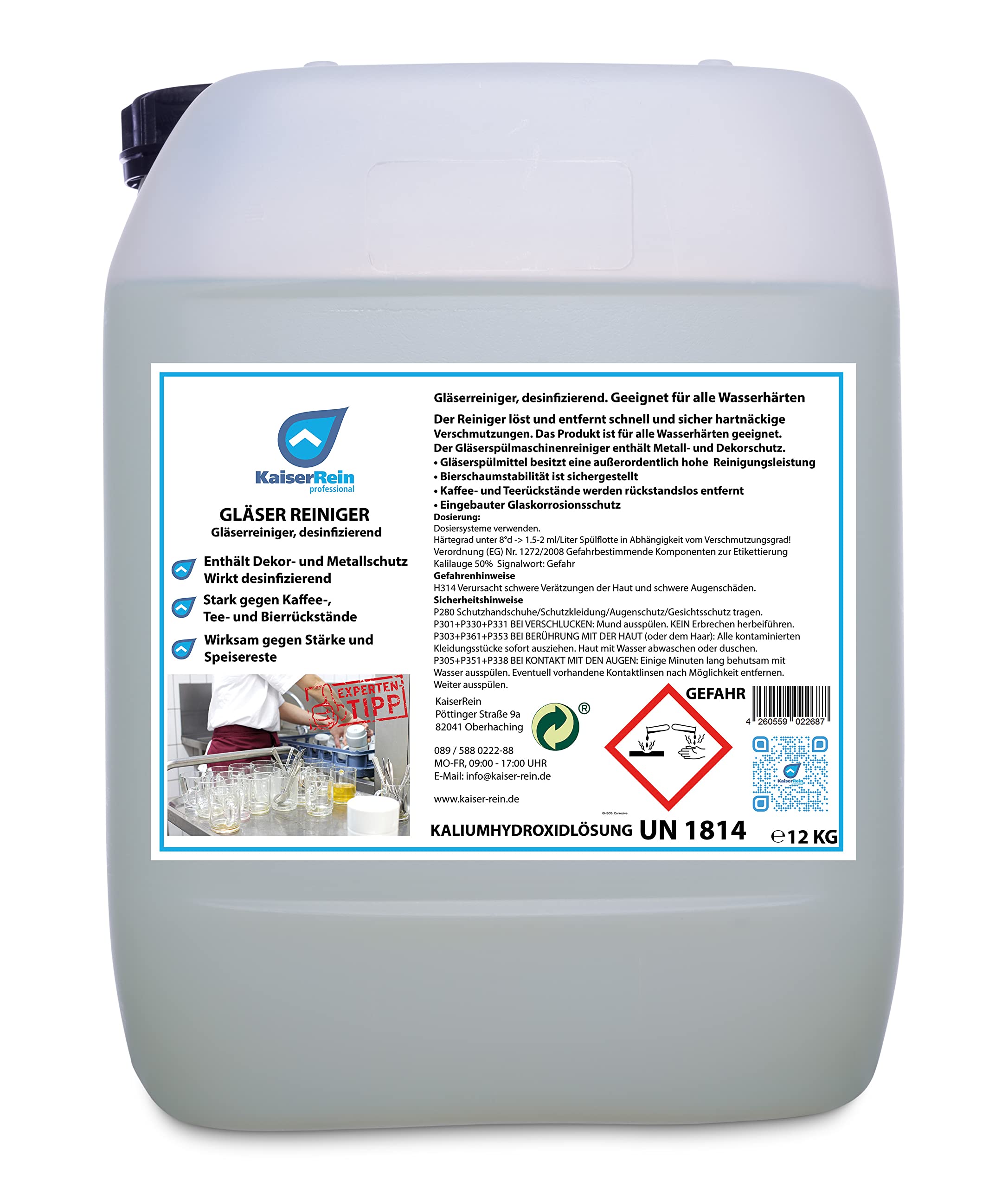 KaiserRein Klarspüler Geschirrspüler Gläserreiniger Gläserspülmittel Klarspüler für gewerbliche Spülmaschinen desinfizierend 12 kg Kanister Chlorfrei