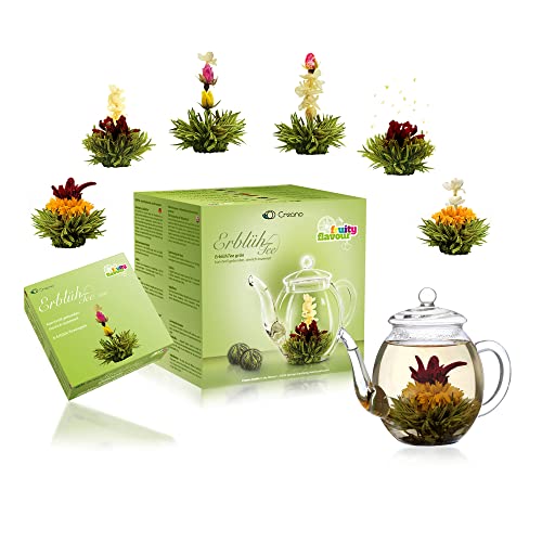 Creano Teeblumen Mix - Geschenkset Erblühtee mit Glaskanne Grüner Tee fruchtig aromatisiert (in 6 Sorten)